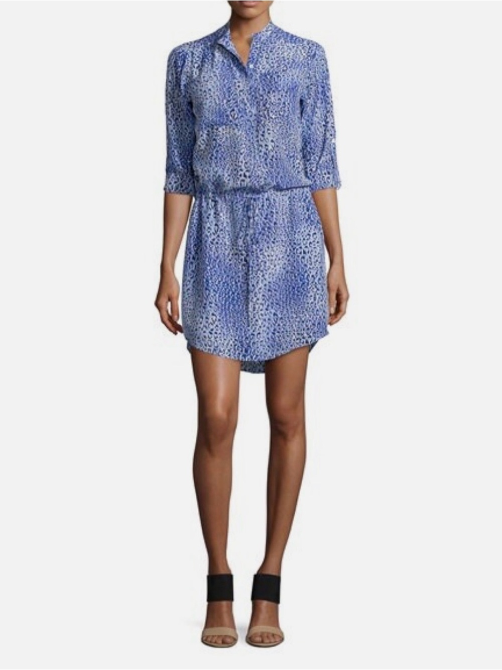 Rebecca Taylor Silk Roll-Up Sleeve Shirt Dress Blue & White Leopard Print Medium